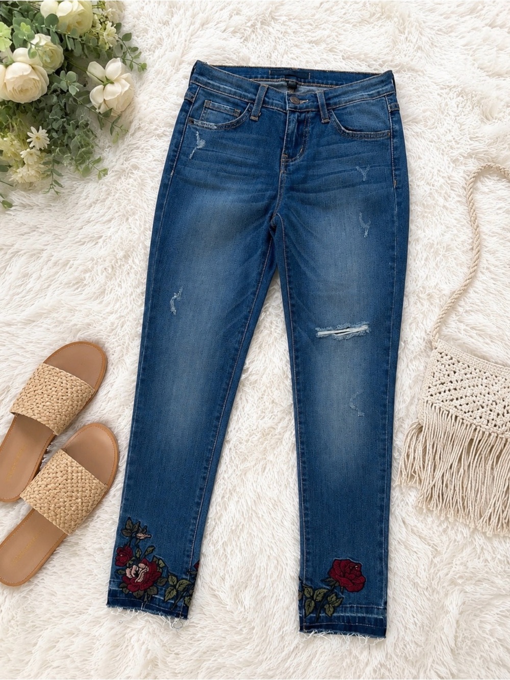 Women's Dark Blue Embroidered Hem Jeans
